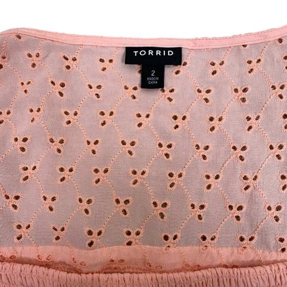 Torrid Smocked Babydoll Top Blouse Voile Eyelet Peach Size 2/2X - Picture 9 of 12